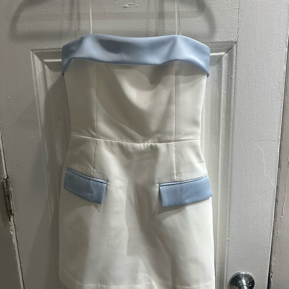 Amanda Uprichard Strapless Mini Dress in Ivory and Light Blue